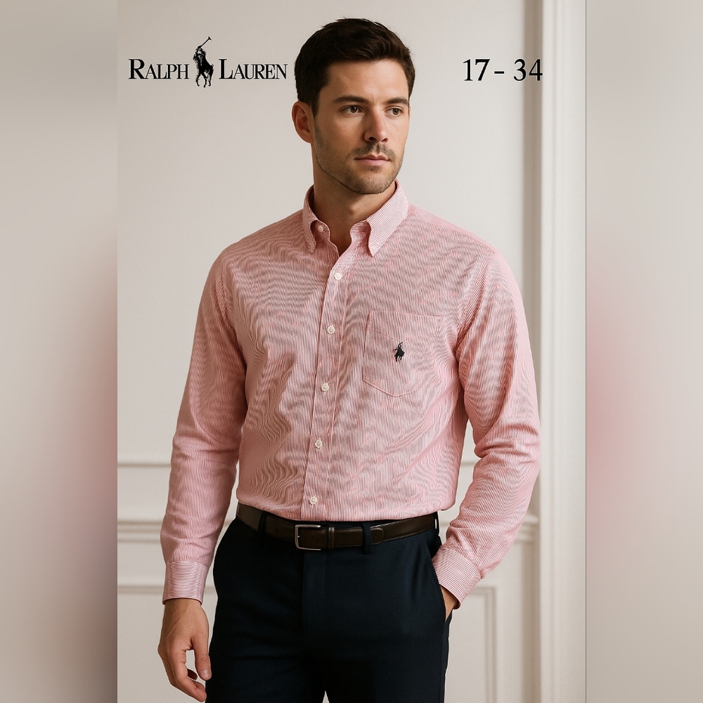 Ralph Lauren Men’s Red Striped Button Down Dress Shirt Size 17-34